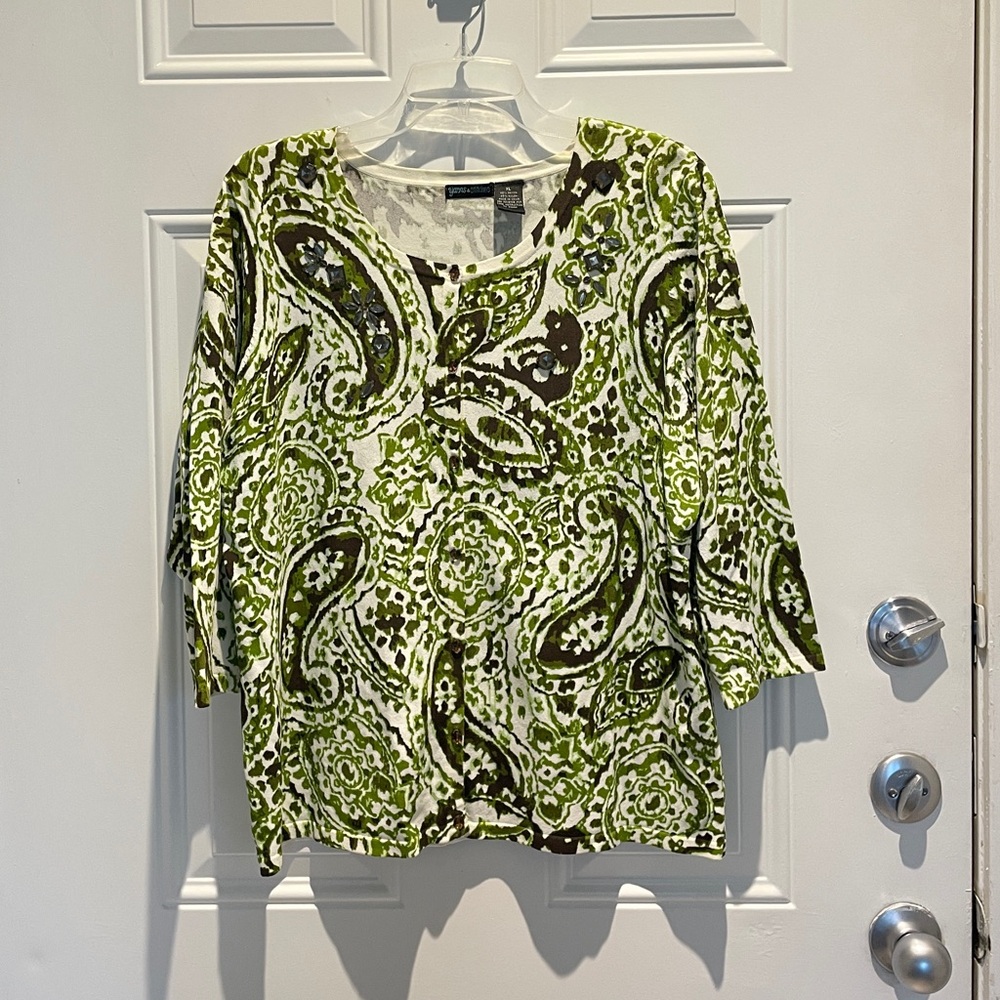 Yarns & Stitches Vintage Paisley Print Jewels Green White Brown Cardigan Size XL